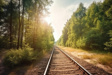 Fototapeta premium Train tracks crossing through forest landscape. Generative AI