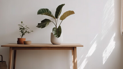Empty home desk table background. Wooden table with a vase and a plant. Generative Ai
