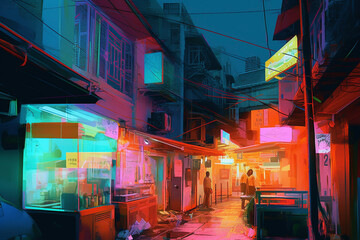 Fototapeta na wymiar Alley Urban Housing Apartments Neon Colorful Painting Generative AI