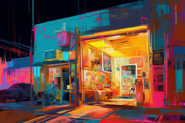 Convienence Store Gas Station Bodega Corner Store Neon Colorful Painting Generative AI