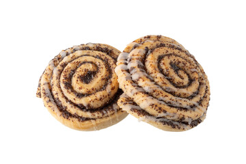 Fresh baked tasty poppy spiral buns with sugar fudge fur coffee break isolated on white background.