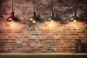 beautiful background of loft style interior with brick wall,wooden ceiling and black ceiling lamp, spot light for placing product or highlight item with brick wall background, shop decor loft style - obrazy, fototapety, plakaty