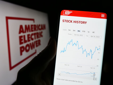 Stuttgart, Germany - 04-27-2023: Person holding smartphone with website of American Electric Power Company Inc. (AEP) on screen in front of logo. Focus on center of phone display.