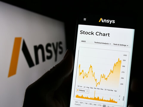 Stuttgart, Germany - 04-27-2023: Person holding cellphone with website of US simulation software company Ansys Inc. on screen in front of logo. Focus on center of phone display.