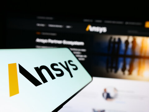 Stuttgart, Germany - 04-27-2023: Smartphone with logo of American simulation software company Ansys Inc. on screen in front of business website. Focus on left of phone display.
