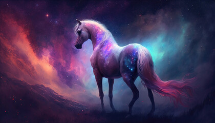 a majestic colorful horse in space, impressive artwork, generative ai technology