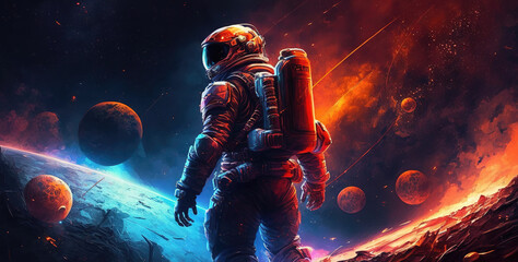 Obraz na płótnie Canvas a videogame inspired storng artwork of a brave astronaut in a colorful space, generative ai technology