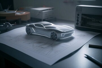 Close- up of model of futuristic white car with backlight, created with Generative AI technology.
