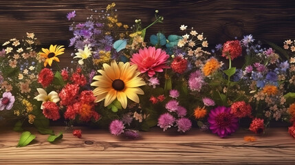Wildflowers and wooden table background, Bright color. Generative Ai