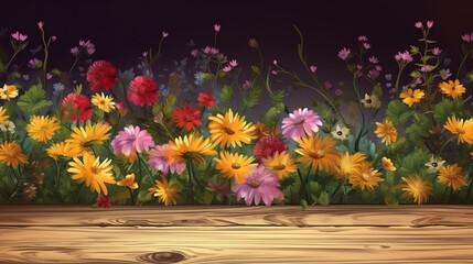 Flowers on shabby wooden surface. Generative Ai
