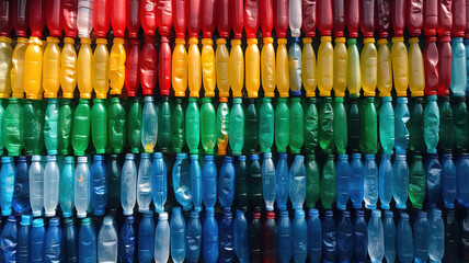 Pile of used plastic bottles as background, closeup. Recycling problem. Generative Ai