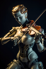 Robot playing violin. Ai with a musical instrument. Futuristic concept technology generative ai.