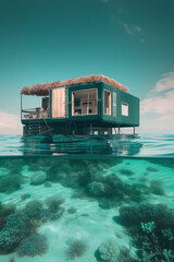 Tiny house, floating boat house in the sea, split view, over water and underwater. AI generative.