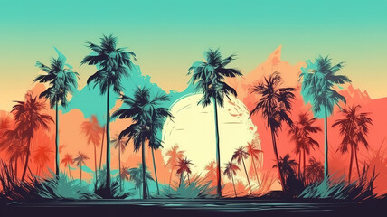 Fototapeta na wymiar Palms and beach retro style, Bright color. Generative Ai