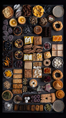 Moroccan sweets, flat lay, top view assorted cookies and traditional desserts, AI generative overhead view of knolling arrangement