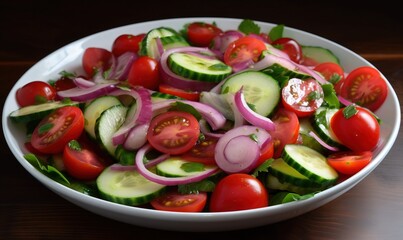  a bowl filled with cucumbers, tomatoes, onions and onions.  generative ai