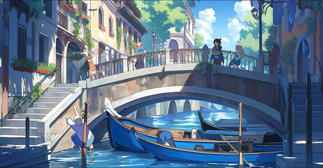Fototapeta na wymiar A painting of a gondola going under a bridge. AI generative.