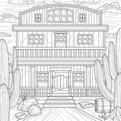 Saloon.Wild West and cacti.Coloring book antistress for children and adults. Illustration isolated on white background.Zen-tangle style. Hand draw