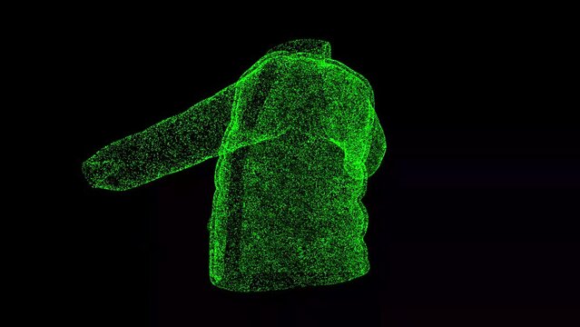 3D jacket rotates on black background. Object made of shimmering particles. Clothing Fashion concept. For title, text, presentation. 3d animation 60 FPS