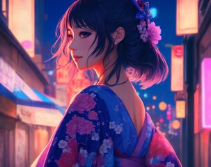 Anime lady in japanese dress on neon city digital art. Generative AI