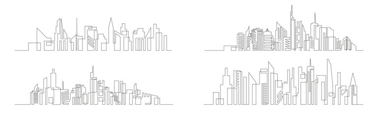 Continuous line drawing of house, residential building concept set vector. Panoramic landscape of metropolis architecture, skyscrapers.