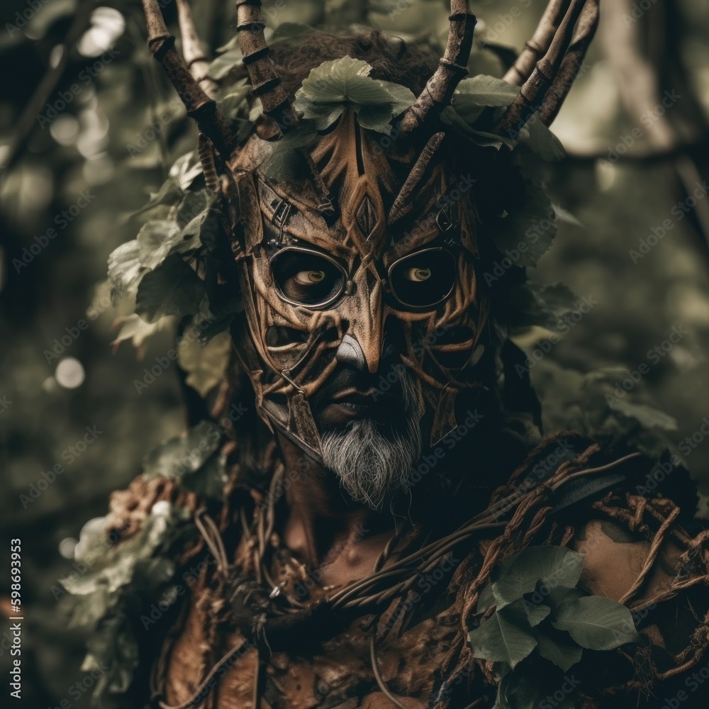 Canvas Prints A man wearing a horned headdress in the woods. AI generative image.