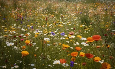  a field full of colorful flowers with a person walking in the distance.  generative ai
