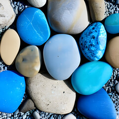 Stones of Serenity. A Blue-Toned Background with Natural Round Stones in Harmonious Hues for Calming Designs. Generative AI.