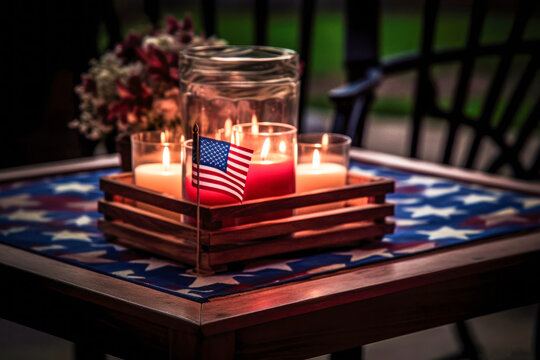 Patriotic 4th of July Memorial Day decor, candles, home design. Generative AI