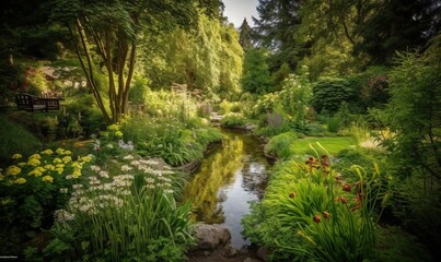 Fototapeta premium a river running through a lush green forest filled with flowers. generative ai