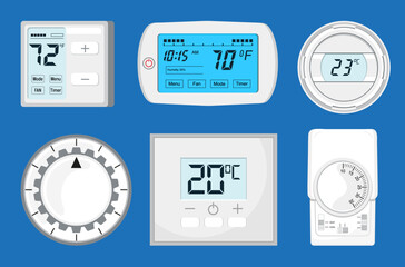 Thermostat vector set. Controller with screen for floor, house heating, fan. Climate control button icon illustration.