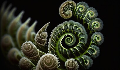  a close up of a spiral shaped plant with a black background.  generative ai
