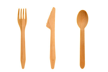 Wooden knife, spoon and fork isolated on white background. Ecology, zero waste, environmental pollution concept.