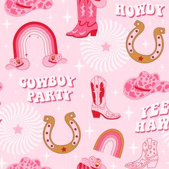 Retro seamless pattern with different Cowgirl boots, horseshoe, rainbow, hat, lettering phrase and stars. Wild West fashion style vector for invitation, wrapping paper, packaging etc.
