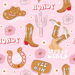 Retro seamless pattern with different Cowgirl boots, horseshoe, hat, cactus, lettering phrase and flowers. Wild West fashion style vector for invitation, wrapping paper, packaging etc.