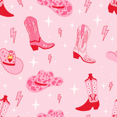 Retro seamless pattern with different Cowgirl boots, hat, stars and lightning. Wild West fashion style vector for invitation, wrapping paper, packaging etc.