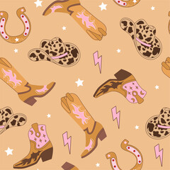 Retro seamless pattern with Cowgirl boots, hat, horseshoe, lightning and star. Wild West fashion style vector for invitation, wrapping paper, packaging etc.