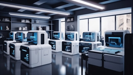 A room with a large white machine that says lab on it. Generative Ai