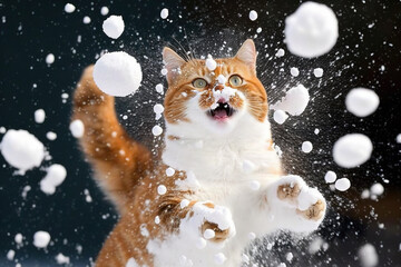 Cat smacked by snowball. Cute kitten with surprised and angry face, hit by snow during snow fight. Generated AI.