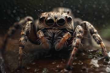 A spider with big eyes sits on a wet surface. Generative Ai