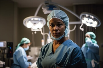 A woman in scrubs stands in a hospital room with a light on.
