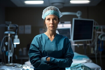 A woman in scrubs stands in an operating room with a monitor showing the word'hospital'on it. generative ai