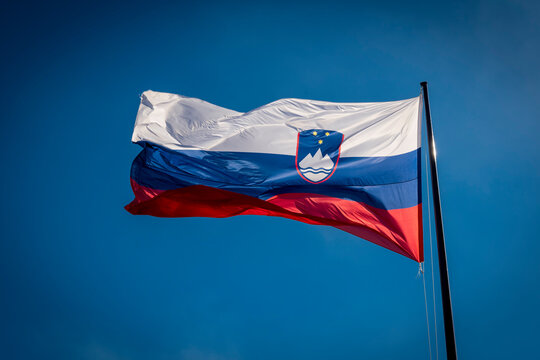 Slovenian flag fluttering against a clear blue sky
