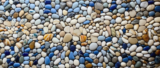 Blue, grey, white pebbles. Colourful small stones background. Generative AI