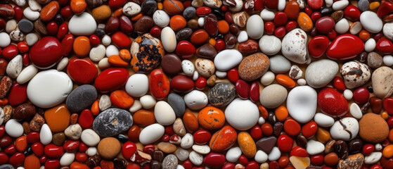 Fototapeta na wymiar Red, orange, white pebbles. Colourful small stones background. Generative AI