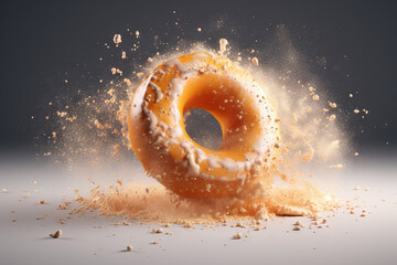 Donut expressive shot with topping and sugar powder splash. Tasty donut food styling image. Generative AI.