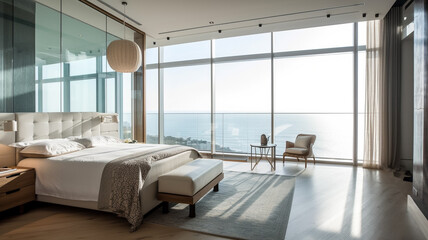 A bedroom with a view of the ocean. Generative Ai