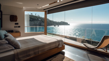 Obraz na płótnie Canvas A bedroom with a view of the ocean. Generative Ai