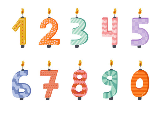 Cute Set With Birthday Number Candles From 0 To 9 With Burning Flames In Scandinavian Style. Decoration For Holiday Cake For Celebration Anniversary, Birthday, Wedding. Stylized Hand Drawn Clipart.