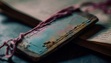 Antique Bible on old wooden table, close up generated by AI